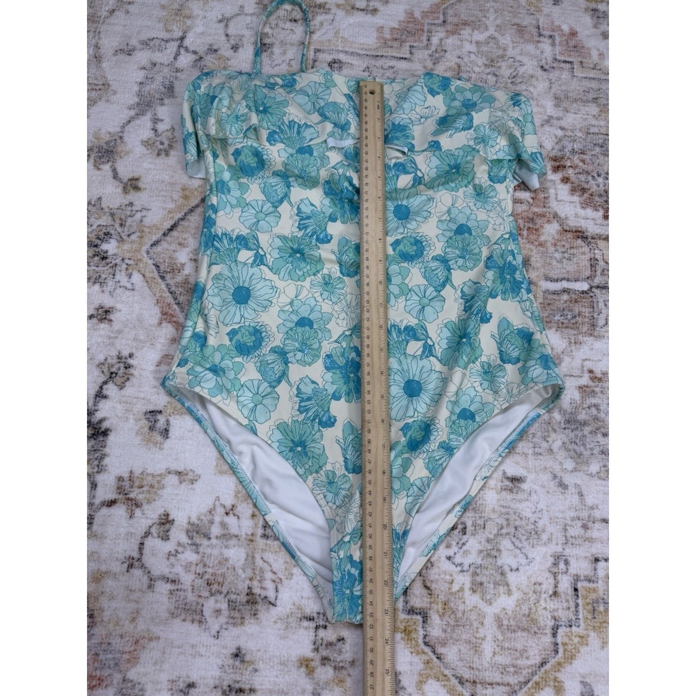 NEW Shade & Shore Womens Large Blue Floral Ruffle Bandeau One Piece Swimsuit - Picture 5 of 9
